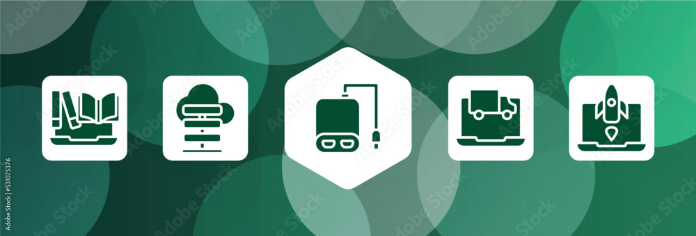 Poster web and hacker filled icon set isolated on abstract background. glyph icons such as encyclopedia, cl
