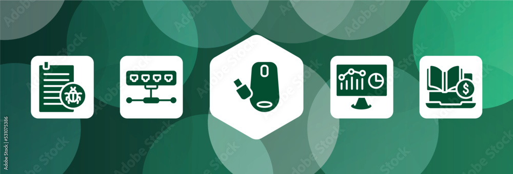 Poster online learning filled icon set isolated on abstract background. glyph icons such as corrupt file, n
