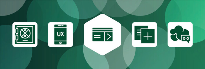 cloud service filled icon set isolated on abstract background. glyph icons such as strongbox, ux, keycard, duplicate, cloud messaging vector. can be used for web and mobile.