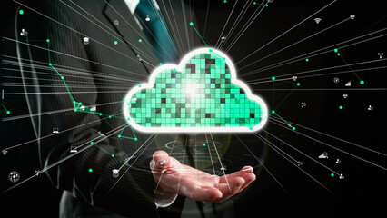 Businessman show hologram of cloud computing network allusive technology. Virtual augmented reality generated by 3D rendering motion graphic and animation to create futuristic HUD .
