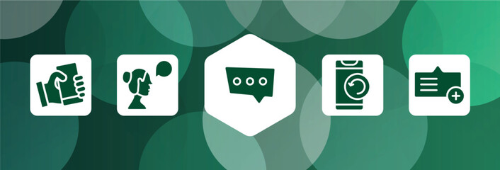 talking filled icon set isolated on abstract background. glyph icons such as phone with hand, woman talking, three dots ellipsis, phone with refresh arrows, add message vector. can be used for web