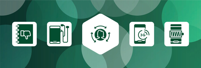 phoneset filled icon set isolated on abstract background. glyph icons such as complaints book, mobile phone with auriculars, remarketing, , battery with full charge vector. can be used for web and