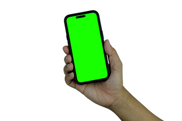 Smartphone frameless mockup. Studio shot of green screen smartphone with blank screen for Infographic Global Business web site design app, Content for technology, iphone 14- Clipping Path.