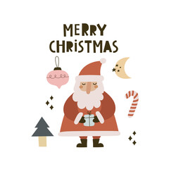 Merry christmas. Cartoon Santa Claus, candy, tree, hand drawing lettering, décor elements. holiday theme. Colorful vector illustration, flat style. design for greeting cards, print, poster