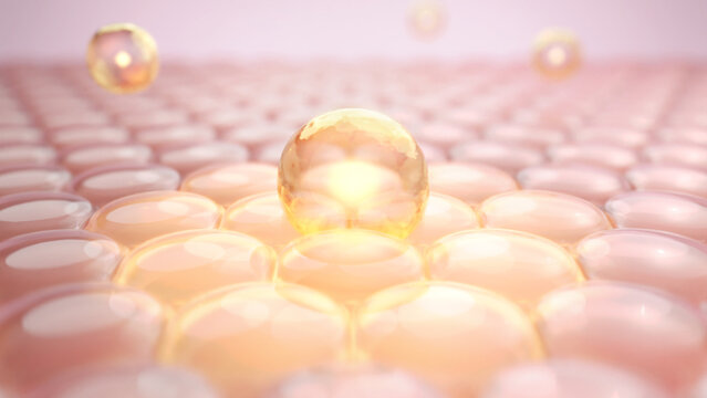 Gold bubble with light on skin cell on pink background. 3D illustration.
