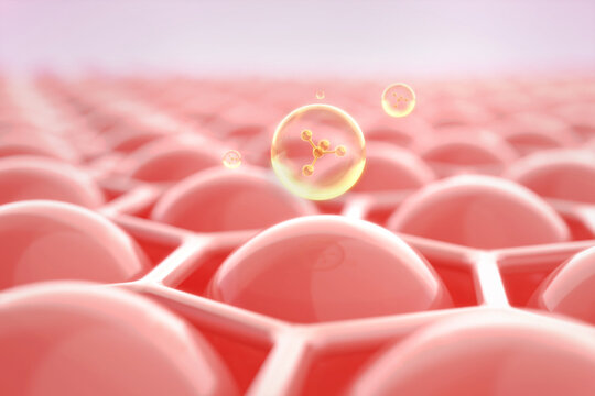 Bubble and atom of medical floating on collagen cell. cosmetic product concept. 3D illustration.