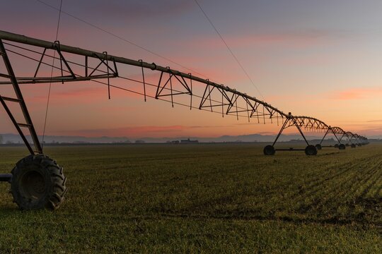 Pivot irragation system in field during sunset