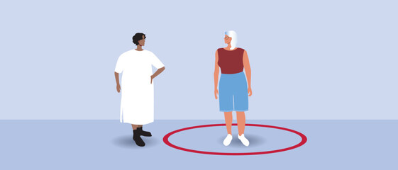 Circle line as personal boundaries in communication of relative or elderly woman, flat vector stock illustration