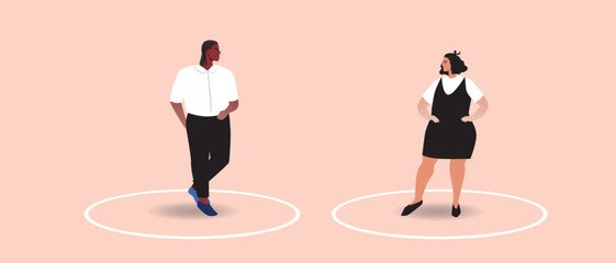 Circle line as personal boundaries in pair, flat vector stock illustration isolated, psychology counterdependence, distance in relationships