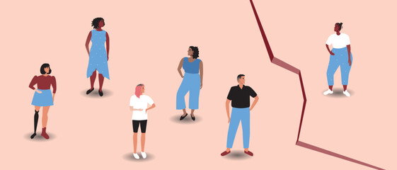 Fototapeta na wymiar Group of people and african woman with overweight, gap between, flat vector stock illustration as concept of problem black skin people