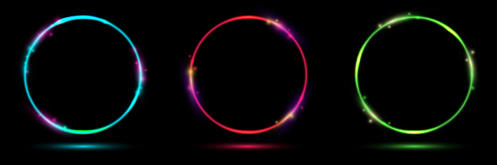 Set of glowing neon color circles round curve shape with lighting effect isolated on black background technology concept