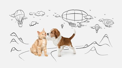 Cute little dog of Beagle and cat over white background with doodles. Friends.