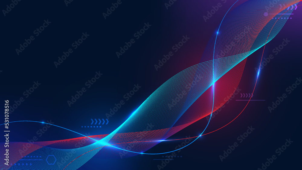 Wall mural abstract technology digital futuristic blue and red flowing dynamic wave lines with lighting effect