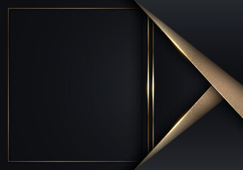 3D modern luxury template design black and gold stripes with golden frame line and light sparking on dark background