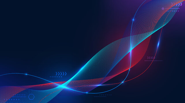 Abstract technology digital futuristic blue and red flowing dynamic wave lines with lighting effect