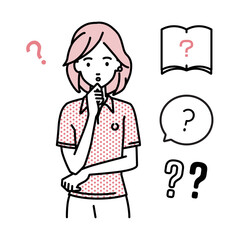 立って手をあごにあてて疑問を感じているポロシャツの女性 クエスチョンマークのセット