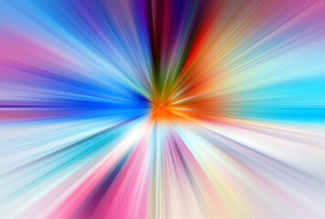 Fototapeta premium Abstract surface of radial blur zoom in blue, pink and orange tones. Delicate blue-pink background with radial, diverging, converging lines. 