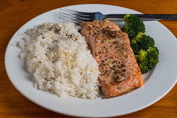 baked season salmon with rice and  broccoli