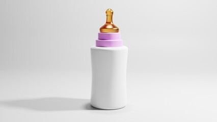 Abstract pink white plastic milk bottle for baby girl on white background. 3D render illustration