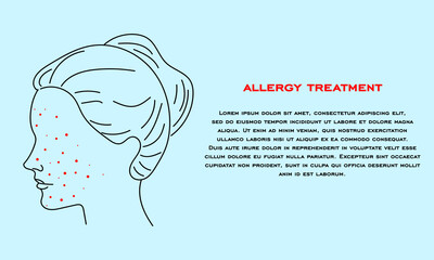 Acne on Face, template banner. Allergy treatment, skin problems concept. Female face with acne on a white background in a line design. Medical banner Vector illustration.