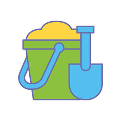 Colorful toy Bucket and spade, sand in green bucket with blue shovel. Colorful plastic kid toy for play sand. in Summer Beach icon. Flat and line Vector illustration filled outline style EPS10