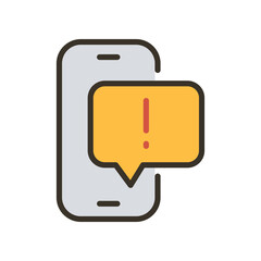 Spam data warning notification in mobile phone. malware attack. Bubble messenger with exclamation.Chat, encrypted, encryption secured, warning icon Vector illustration filled outline style EPS10