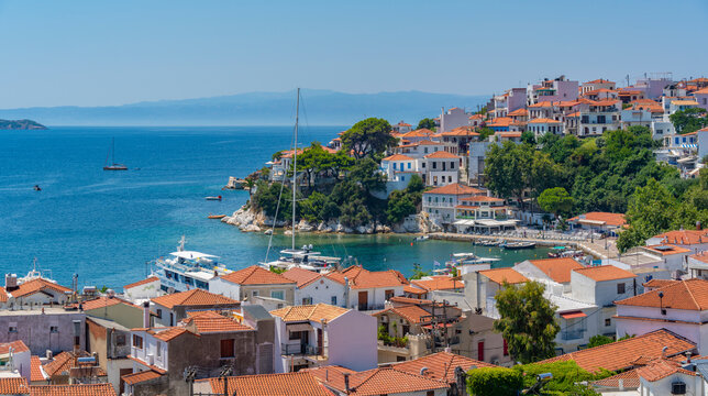 View of Skiathos Town from St. Nicholas Church, Skiathos Island, Sporades Islands, Greek Islands, Greece