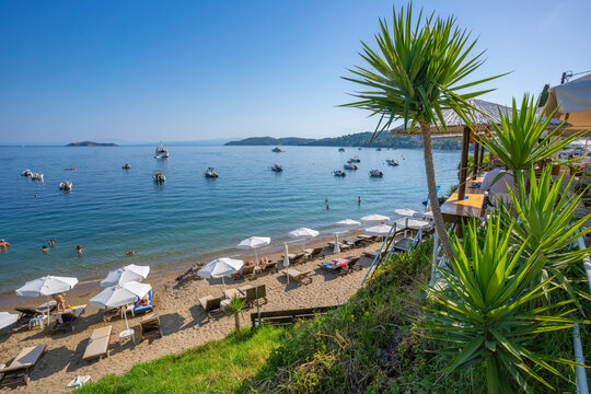 View of Paralia Megali Ammos in Skiathos Town, Skiathos Island, Sporades Islands, Greek Islands, Greece