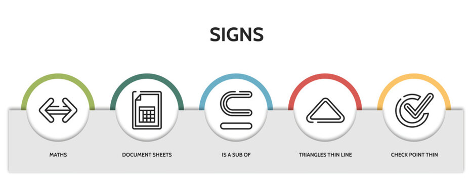 set of 5 thin line signs icons with infographic template. outline icons including maths, document sheets thin line, is a sub of, triangles thin line, check point vector. can be used web and mobile.