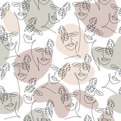 Abstract linear seamless pattern vector. Woman face with monstera leaves continuous line drawing. Modern line art illustration.Wallpaper, background, fabric, print, wrapping paper, banner, poster.