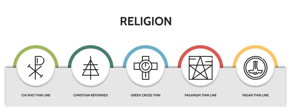 set of 5 thin line religion icons with infographic template. outline icons including chi rho thin line, christian reformed church thin line, greek cross paganism pagan vector. can be used web and