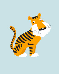 Cute tiger. Funny cartoon tiger. The tiger is sitting. African animal. Cartoon character.