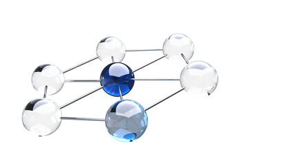 3d network connection 3D rendering seven blue and clear glass spheres