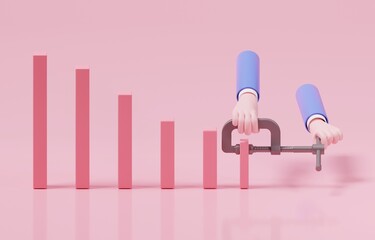 Hand using squeezing tool to compress latest bar of falling down bar graph, downsizing business, laying off employees, economic recession concept, 3d render illustration.