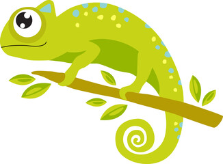 Cute chameleon. Little cartoon chameleon on a branch. Tropical animal. Cartoon character.