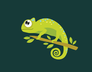 Cute vector chameleon. Little cartoon chameleon on a branch. Tropical animal. Cartoon character.