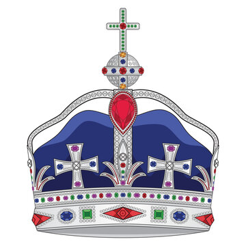 Platinum or silver crown with jewels or gemstone  drawing in vector
