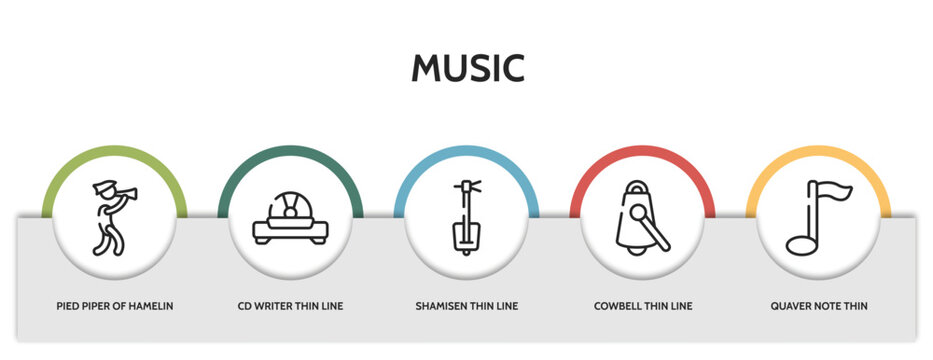 set of 5 thin line music icons with infographic template. outline icons including pied piper of hamelin thin line, cd writer thin line, shamisen cowbell quaver note vector. can be used web and