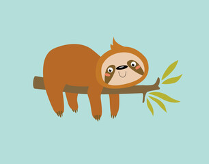 Cute cartoon sloth. Cartoon character. Sloth resting on a branch
