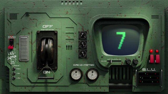 3D Render SciFi dystopian battered metal Control Panel. On the small TV like screen appears a countdown from 10 to 1 and then the word TRANSMITTING... and blinking cursor in typewriter style