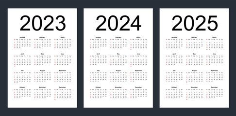 Simple editable vector calendars for year 2023, 2024, 2025. Week starts from Sunday. Vertical. Isolated vector illustration on white background.