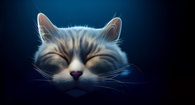Fantasy magic sleeping cute cat face. Cheshire Cat on dark background.3d render.