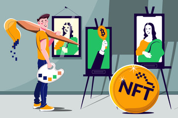 NFT Token Cryptocurrency Flat Composition - obrazy, fototapety, plakaty
