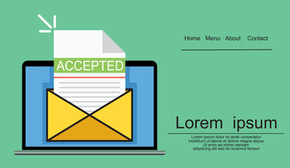 Laptop and envelope with university acceptance letter. Modern flat design vector illustration - obrazy, fototapety, plakaty