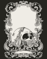 dead skull with vintage heraldic frame 
