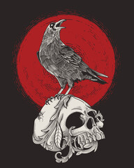 dead skull with standing raven
