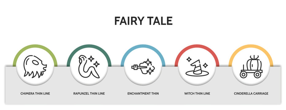 set of 5 thin line fairy tale icons with infographic template. outline icons including chimera thin line, rapunzel thin line, enchantment witch cinderella carriage vector. can be used web and