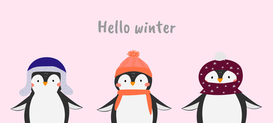 Vector illustration with cute penguins. Hello winter. Arctic animals in winter clothes. Penguins in funny hats. Close-up. Cartoon style. Pink isolated background.
