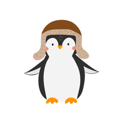 Vector illustration of a cute penguin. Penguin in a fashionable hat with earflaps. Cute arctic animal in winter clothes. Vector illustration on the theme of winter. Children's illustration. 