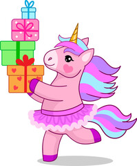 Ballerina unicorn carries gift boxes. Cartoon vector illustration